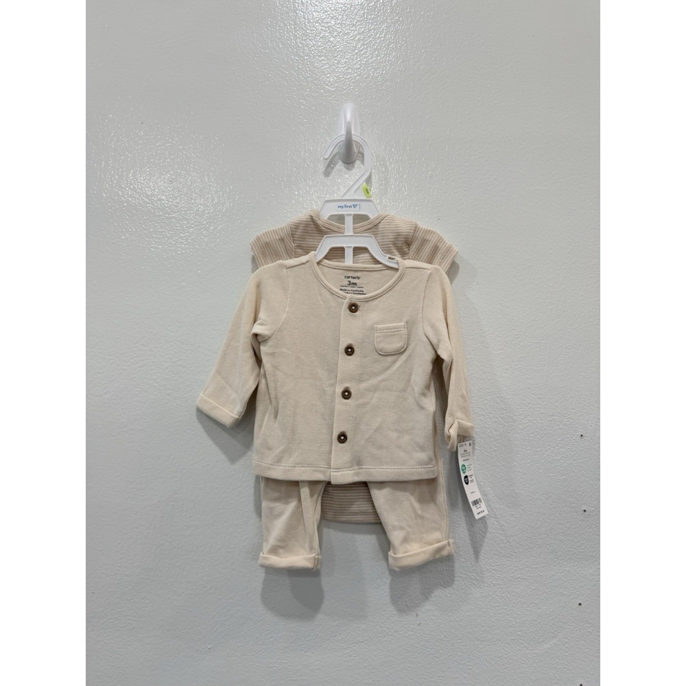 Carter's Baby Boys 3M 3 Piece Outfit Set Beige Cream Cardigan Pants Bodysuit NWT